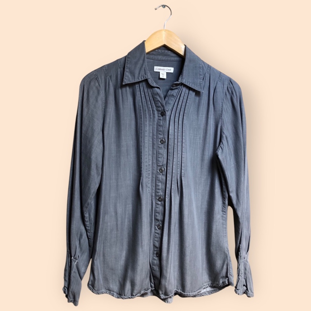 Coldwater Creek Grey Pintuck Peasant Style Button Down Shirt Bohemian Women S